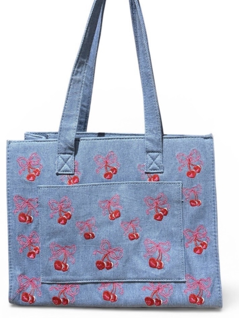LUV BETSEY Betsey Johnson Denim Pink Bow Cherry Tote - Picture 2 of 4